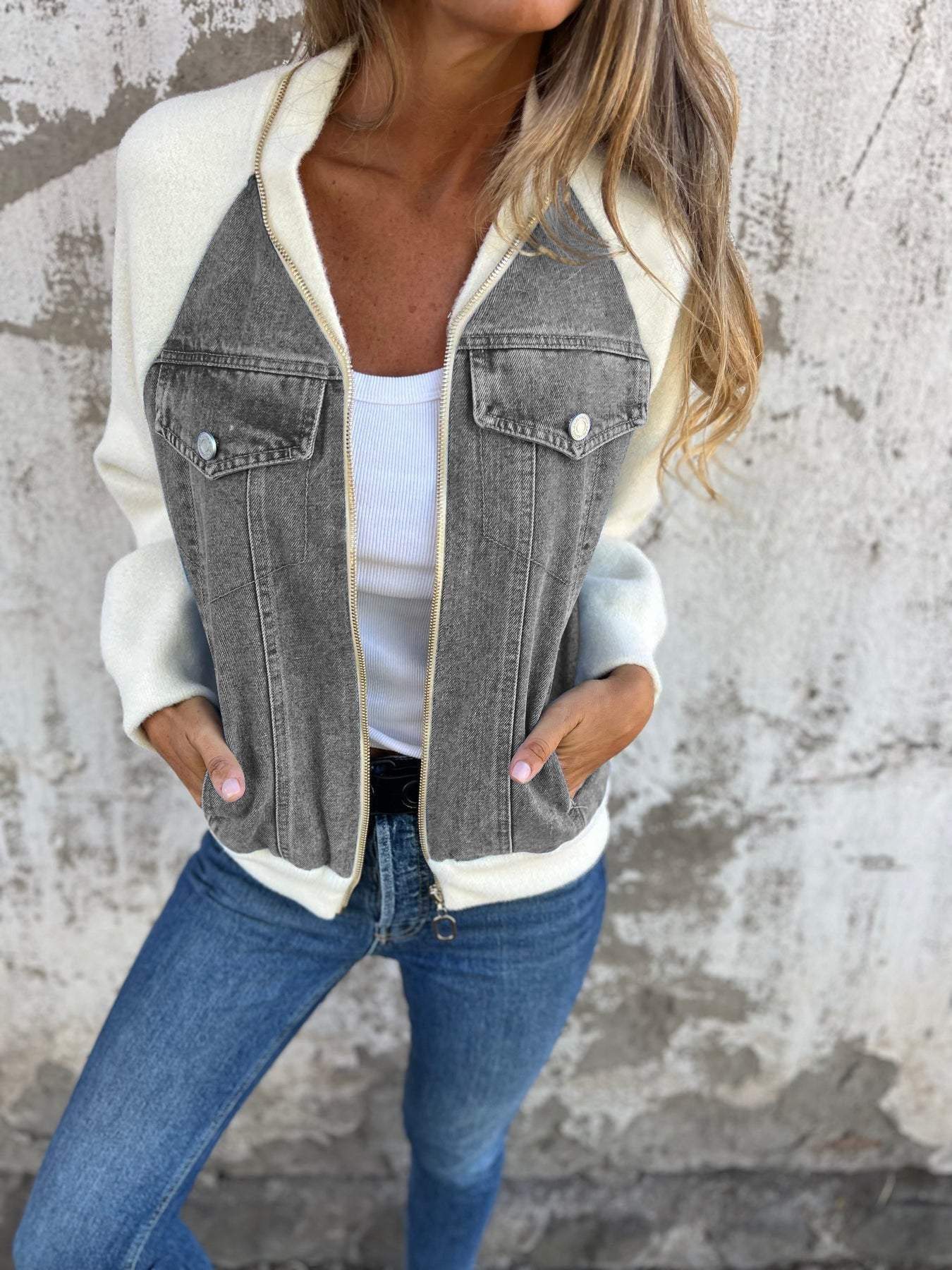 Élaina | Veste Denim Femme Patchwork Bicolore Zippée Élégante