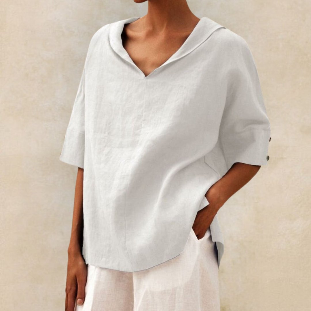 Blouse en Lin Élégante à Col V – Simplicité Raffinée & Confort Respirant