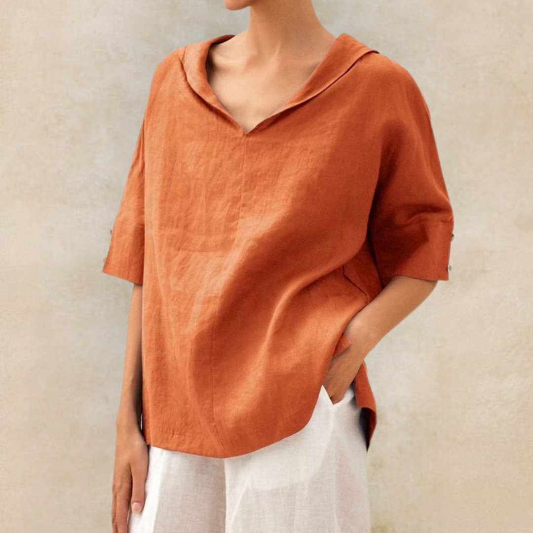 Blouse en Lin Élégante à Col V – Simplicité Raffinée & Confort Respirant
