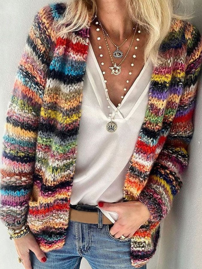Léa | Cardigan Tricoté Multicolore à Rayures