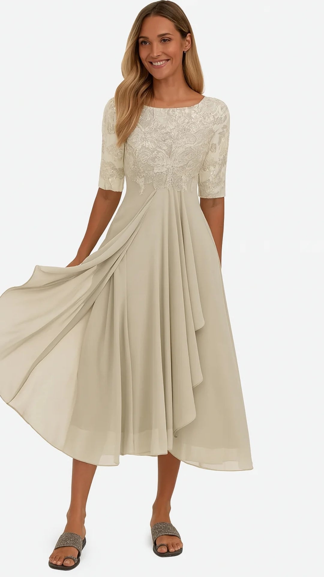 Robe Midi en Dentelle et Chiffon – Silhouette Élégante pour Occasions Festives