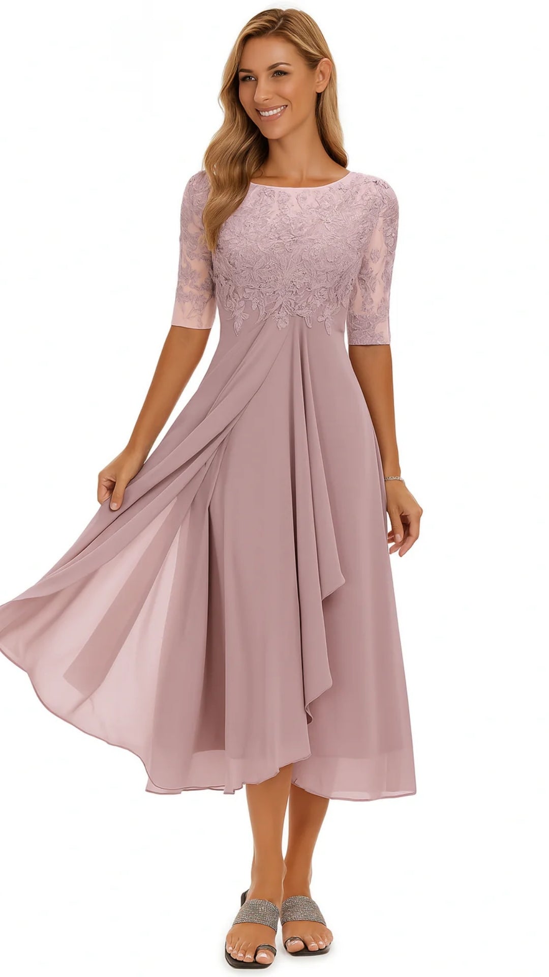 Robe Midi en Dentelle et Chiffon – Silhouette Élégante pour Occasions Festives