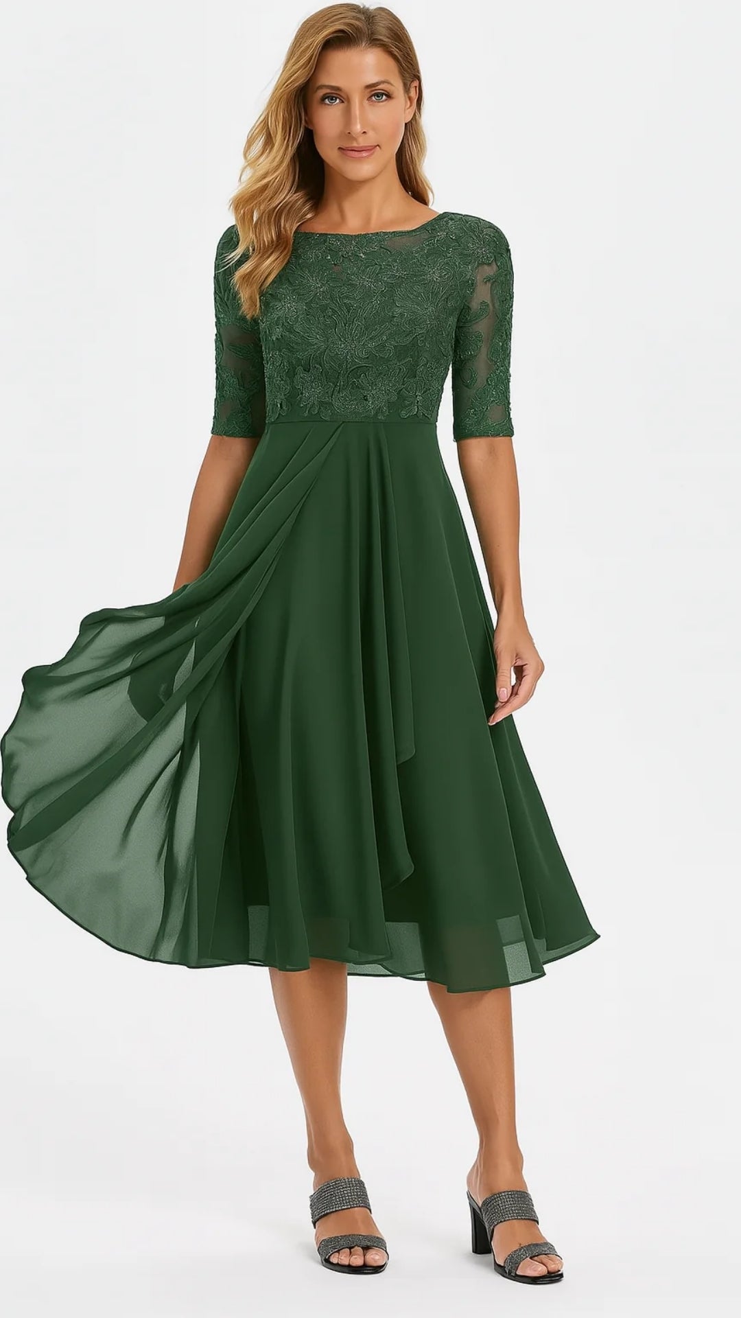 Robe Midi en Dentelle et Chiffon – Silhouette Élégante pour Occasions Festives