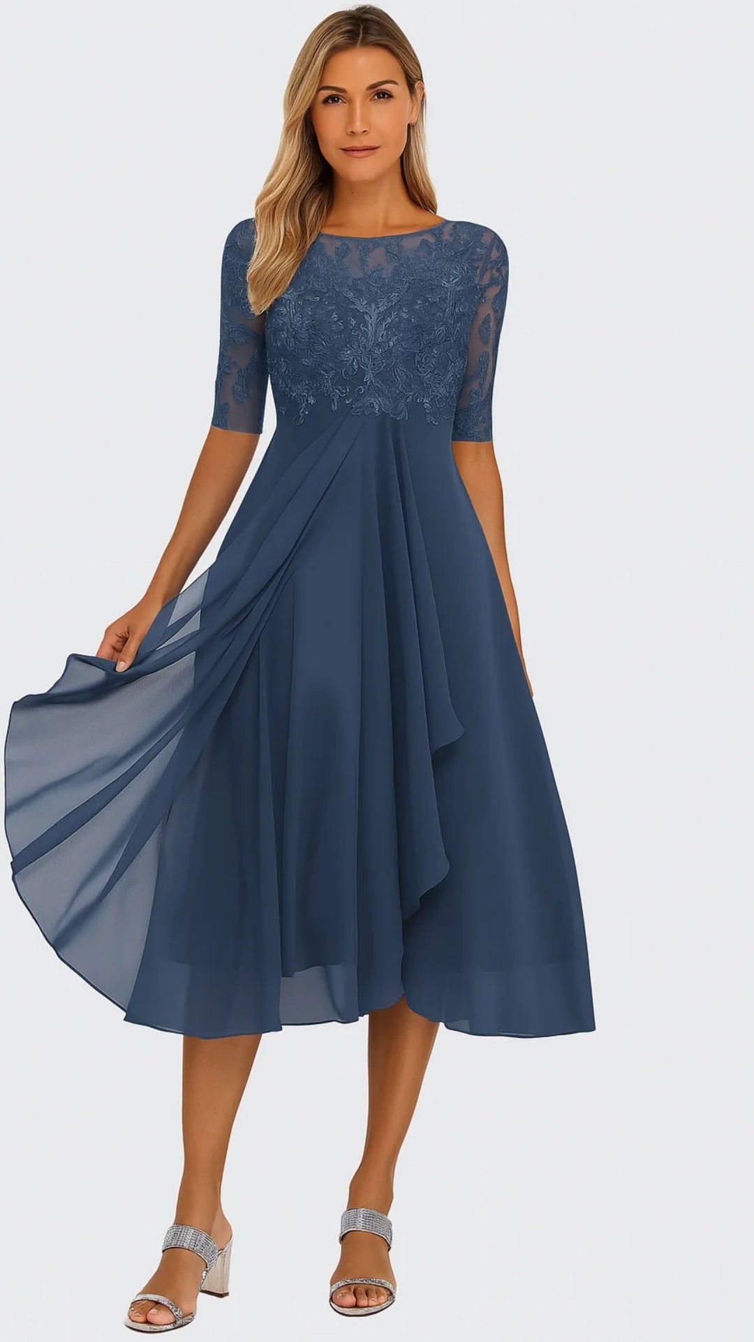 Robe Midi en Dentelle et Chiffon – Silhouette Élégante pour Occasions Festives