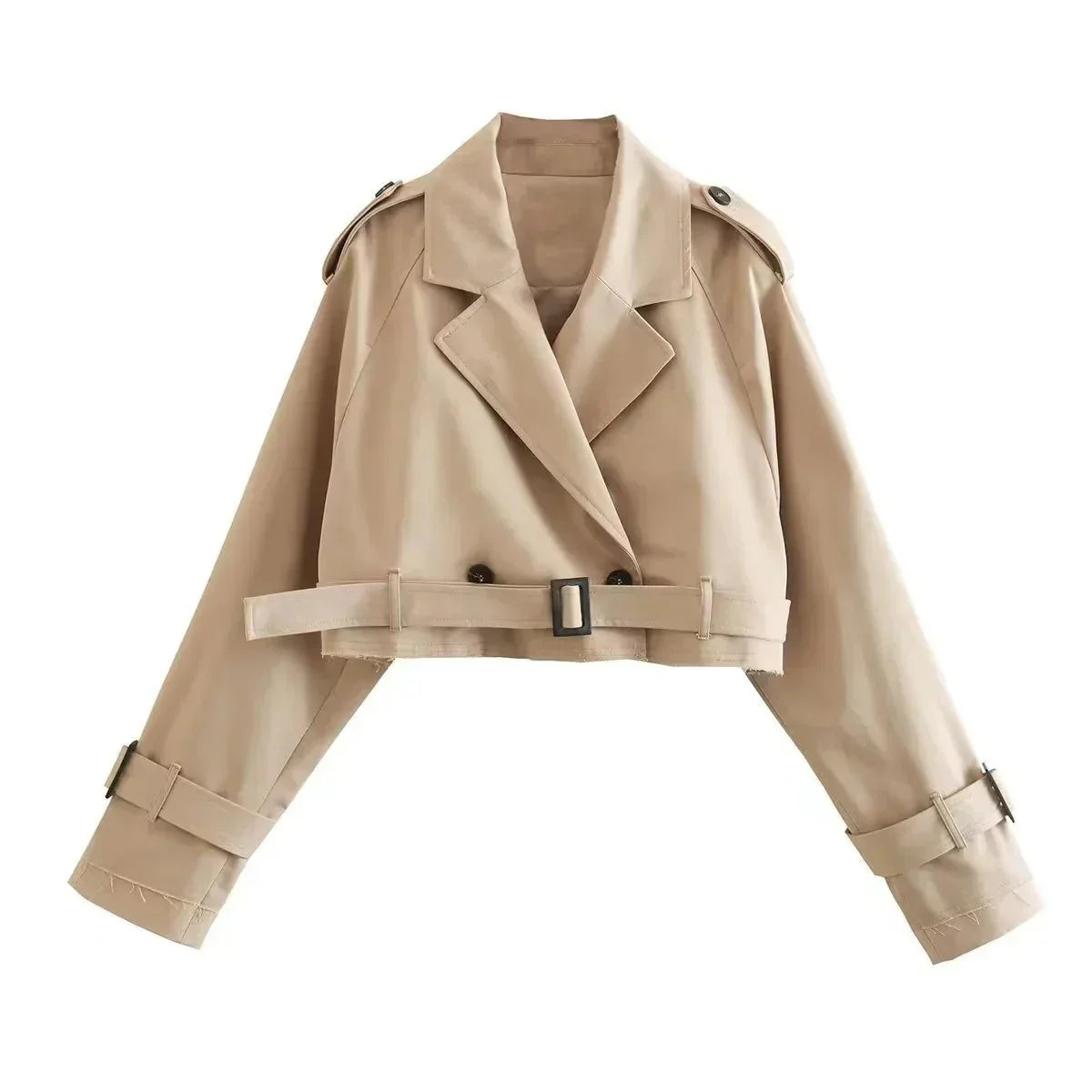 Lara | Veste Courte Femme Kaki à Double Boutonnage et Ceinture Taille