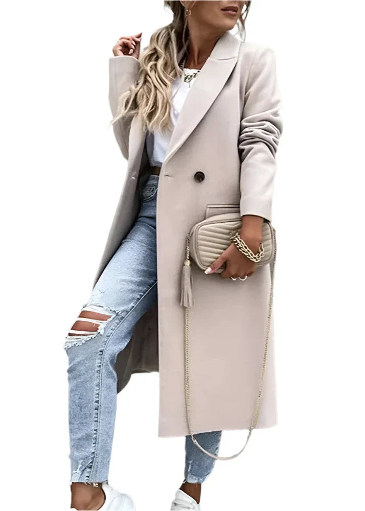 Hortense | Manteau long femme double boutonnage col revers couleur unie