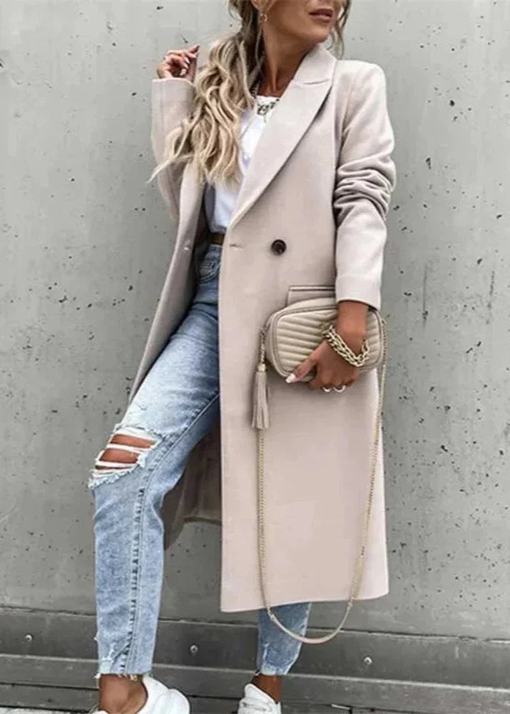 Hortense | Manteau long femme double boutonnage col revers couleur unie