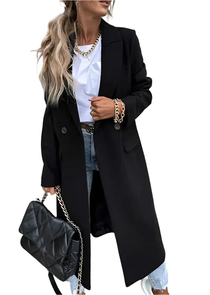 Hortense | Manteau long femme double boutonnage col revers couleur unie