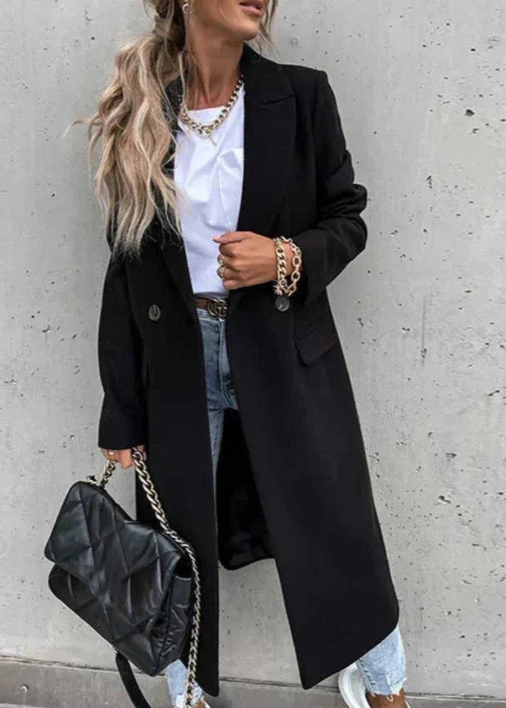 Hortense | Manteau long femme double boutonnage col revers couleur unie