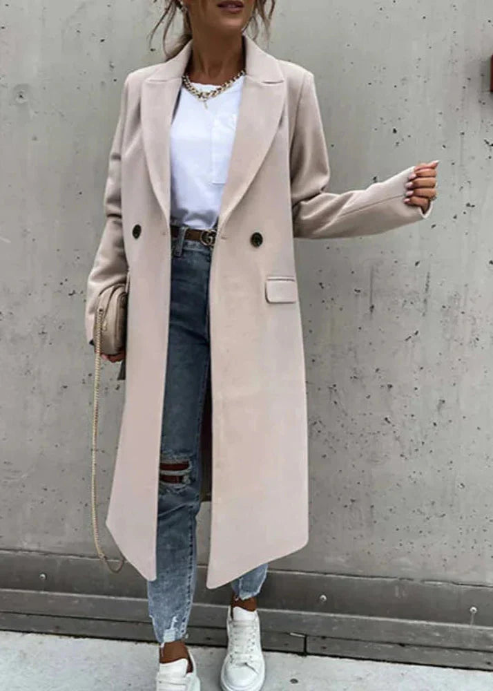 Hortense | Manteau long femme double boutonnage col revers couleur unie