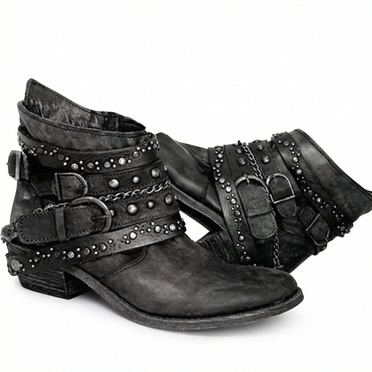 Bottines femme | Bottines à chaîne, brides et clous métalliques pour un style affirmé
