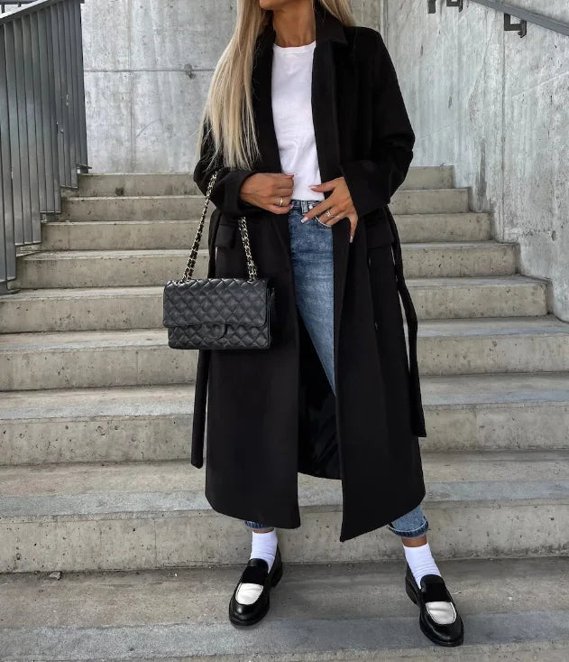 Manteau Long Femme à Double Boutonnage avec Ceinture | Coupe Classique & Élégance Raffinée