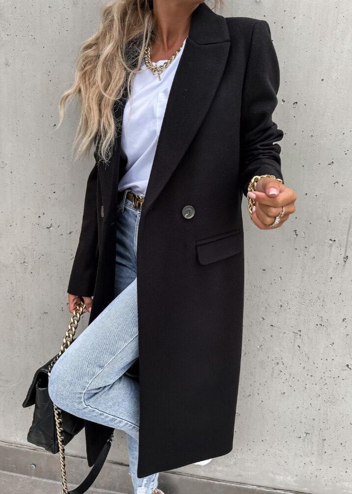 Hortense | Manteau long femme double boutonnage col revers couleur unie