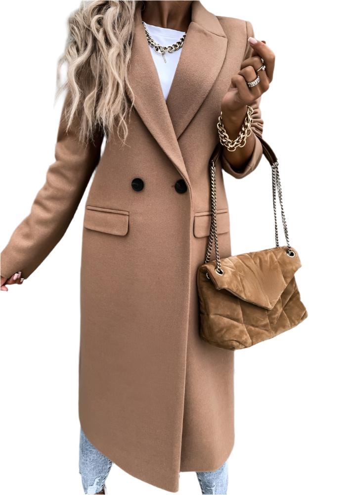Hortense | Manteau long femme double boutonnage col revers couleur unie