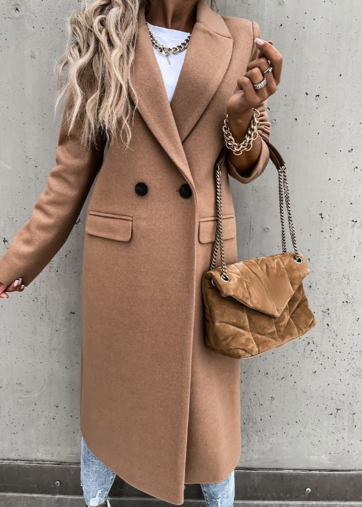 Hortense | Manteau long femme double boutonnage col revers couleur unie