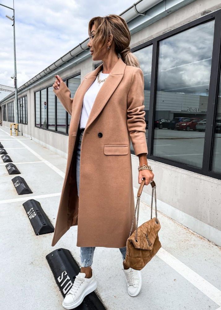 Hortense | Manteau long femme double boutonnage col revers couleur unie