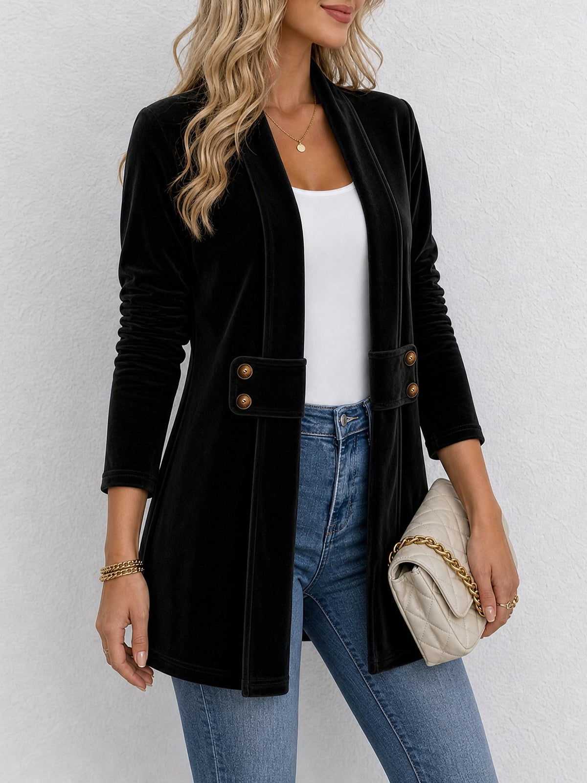Gilet femme | Gilet en maille ouvert à revers larges et boutons décoratifs