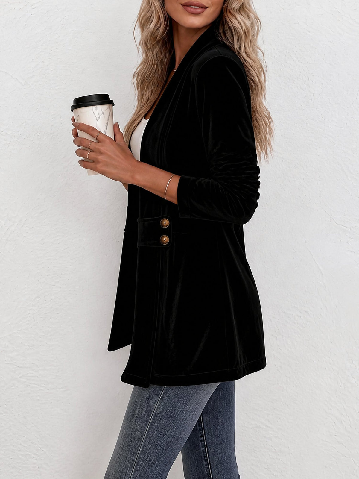 Gilet femme | Gilet en maille ouvert à revers larges et boutons décoratifs