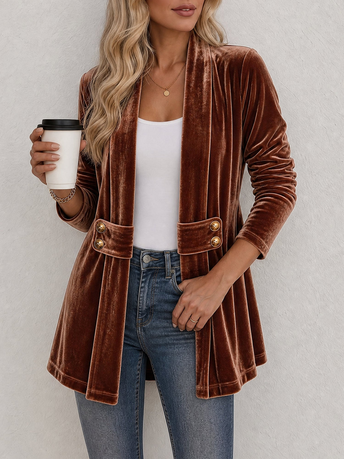 Gilet femme | Gilet en maille ouvert à revers larges et boutons décoratifs