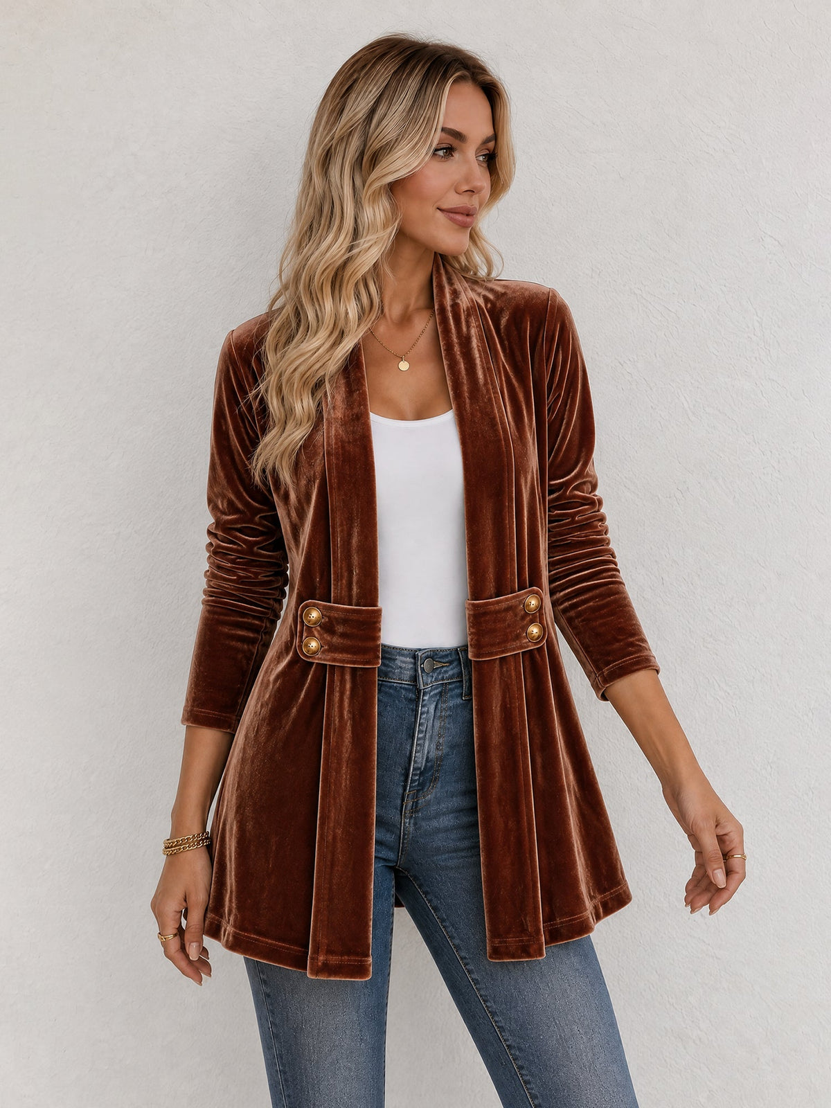 Gilet femme | Gilet en maille ouvert à revers larges et boutons décoratifs