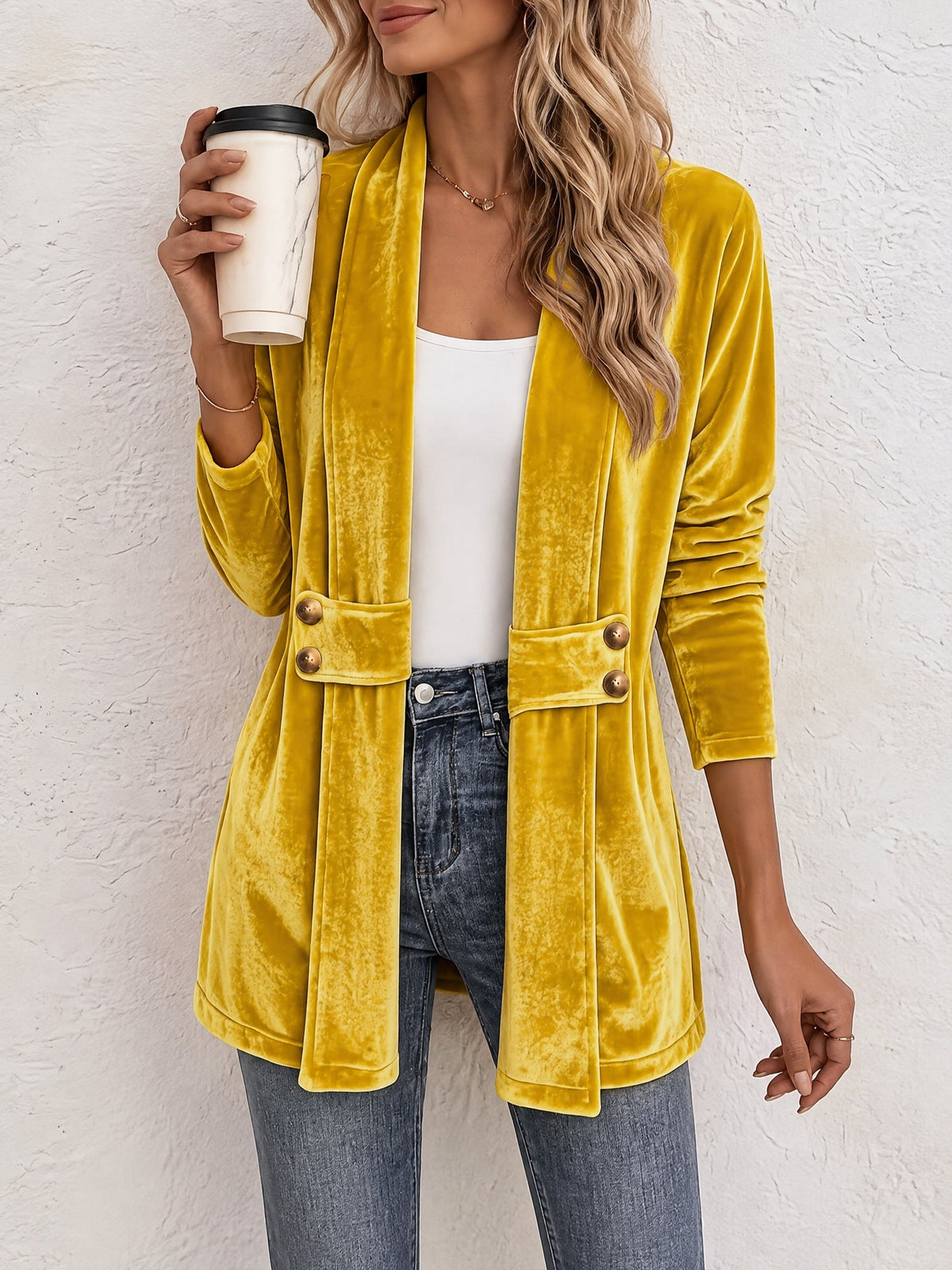 Gilet femme | Gilet en maille ouvert à revers larges et boutons décoratifs