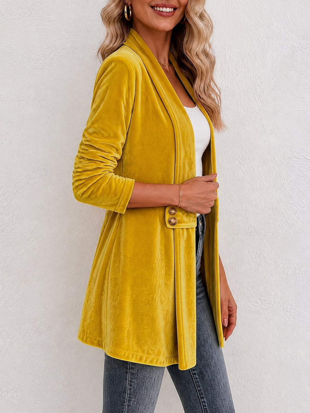 Gilet femme | Gilet en maille ouvert à revers larges et boutons décoratifs