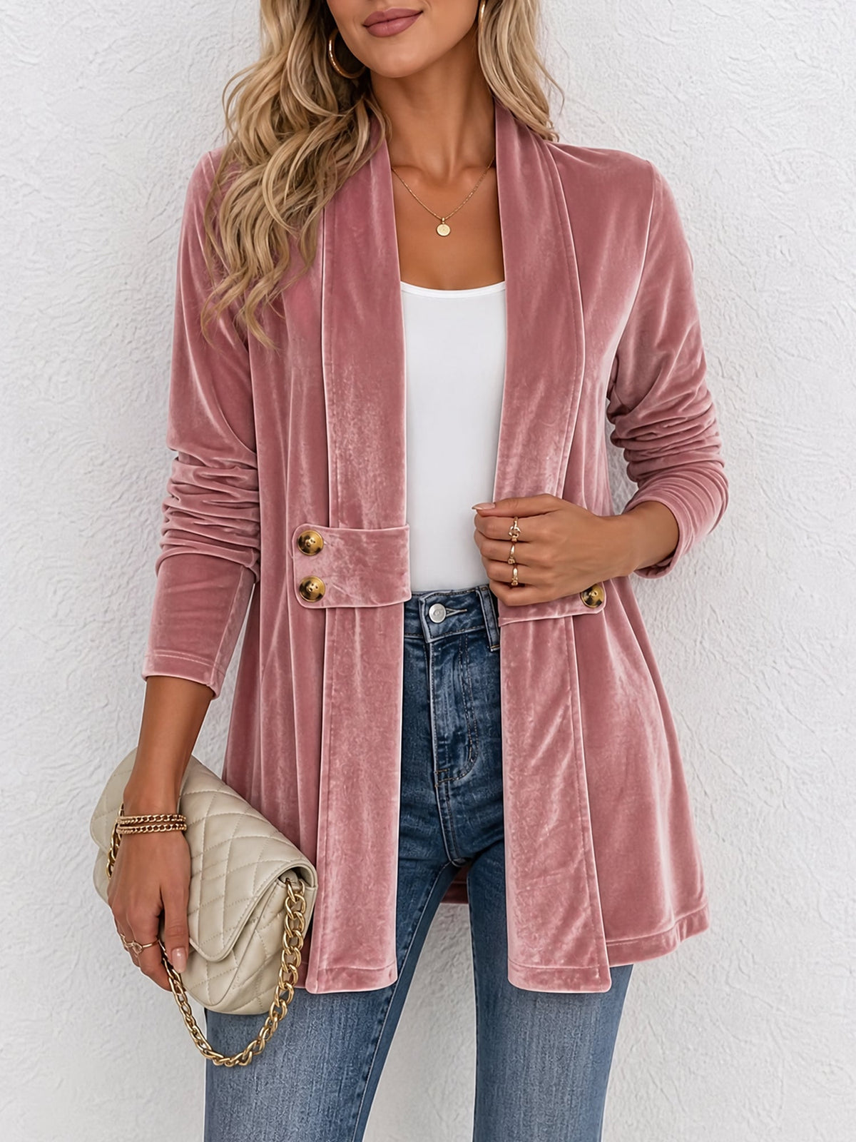 Gilet femme | Gilet en maille ouvert à revers larges et boutons décoratifs