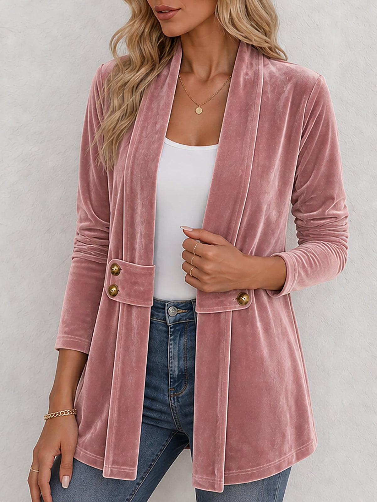 Gilet femme | Gilet en maille ouvert à revers larges et boutons décoratifs