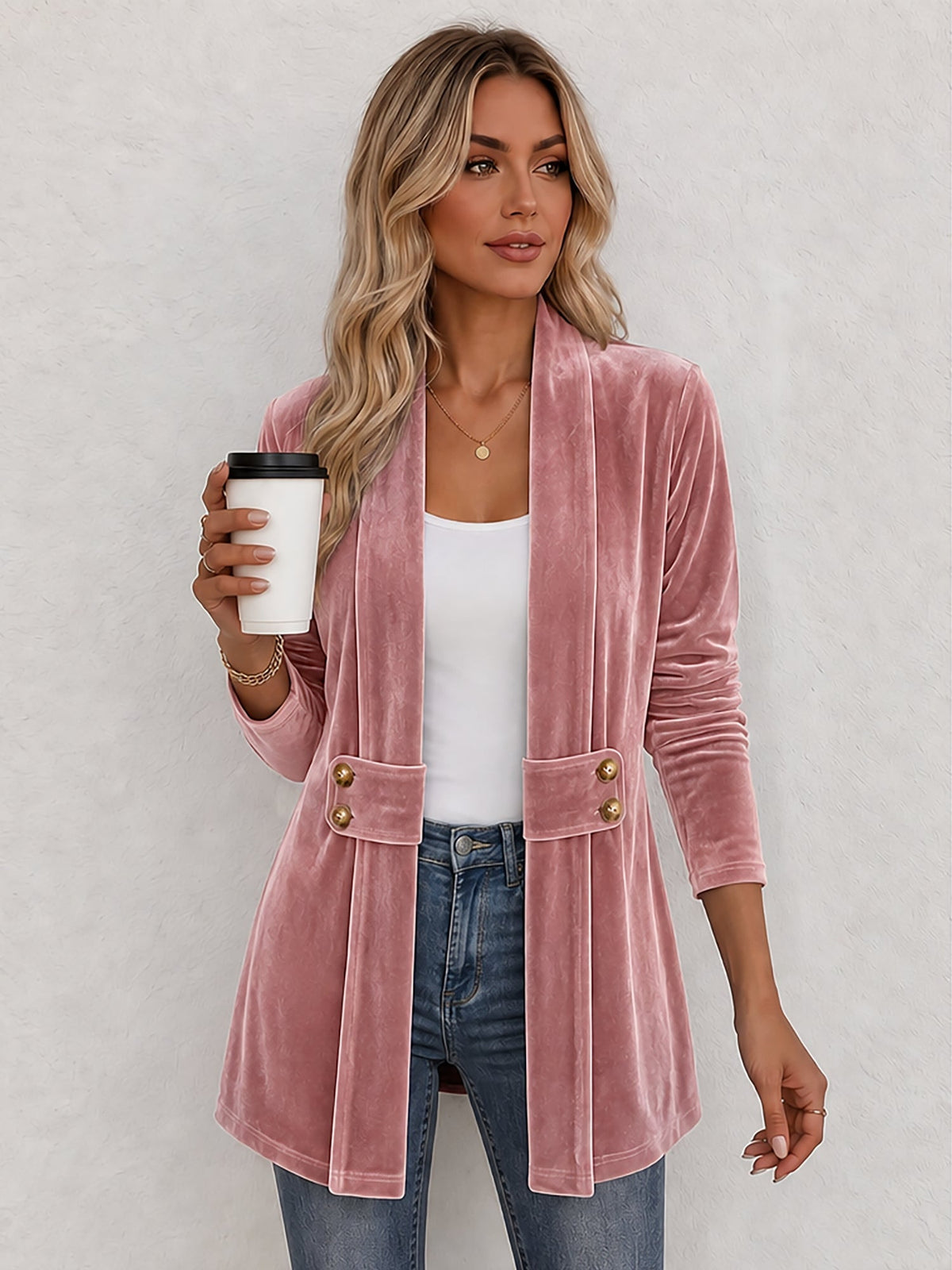Gilet femme | Gilet en maille ouvert à revers larges et boutons décoratifs