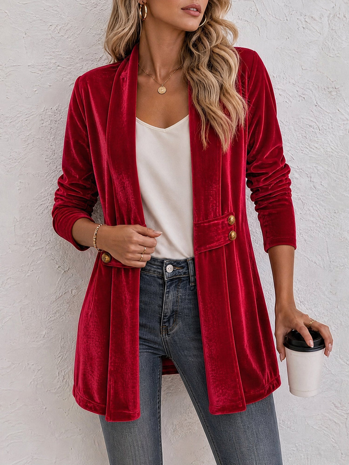 Gilet femme | Gilet en maille ouvert à revers larges et boutons décoratifs