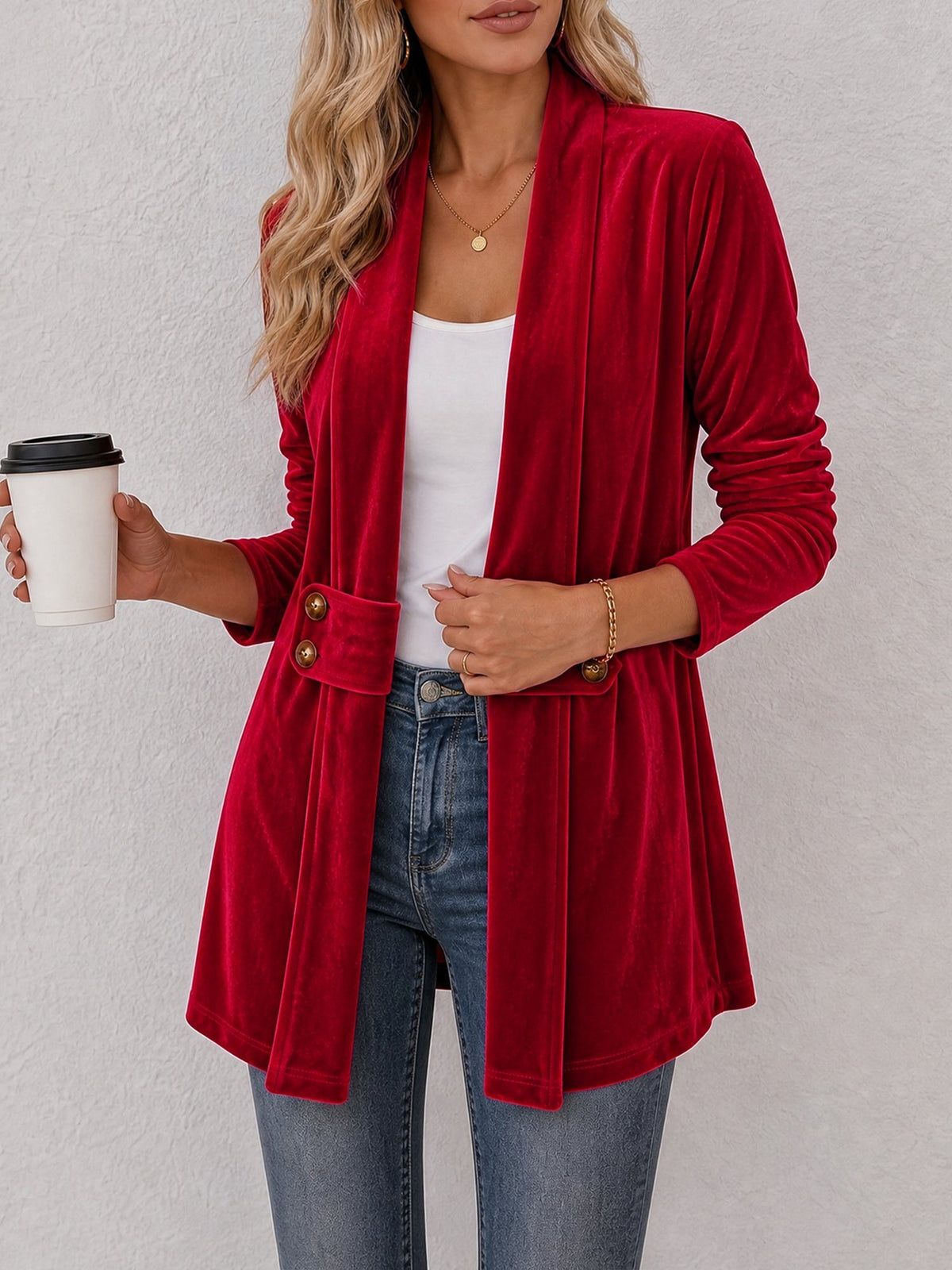 Gilet femme | Gilet en maille ouvert à revers larges et boutons décoratifs