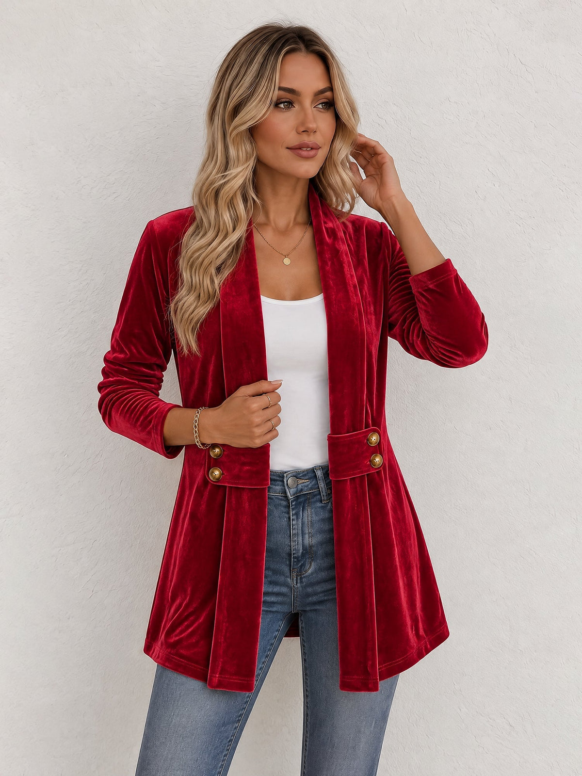 Gilet femme | Gilet en maille ouvert à revers larges et boutons décoratifs