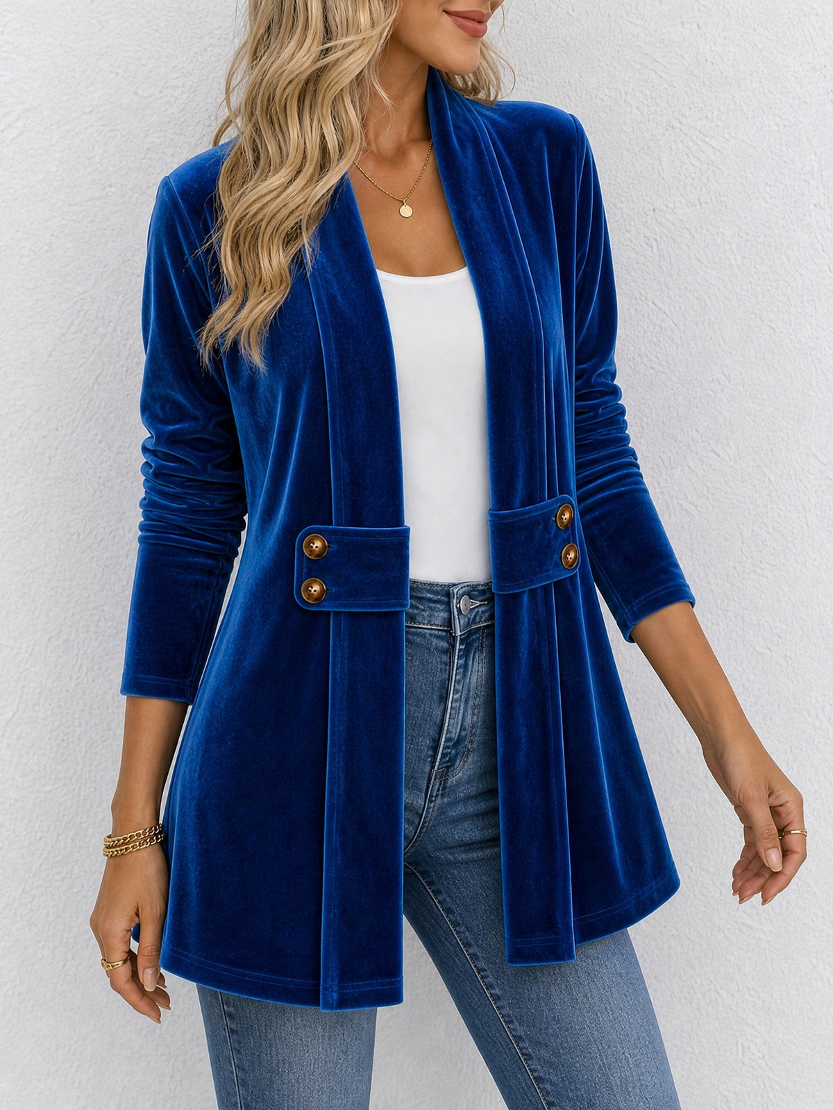 Gilet femme | Gilet en maille ouvert à revers larges et boutons décoratifs