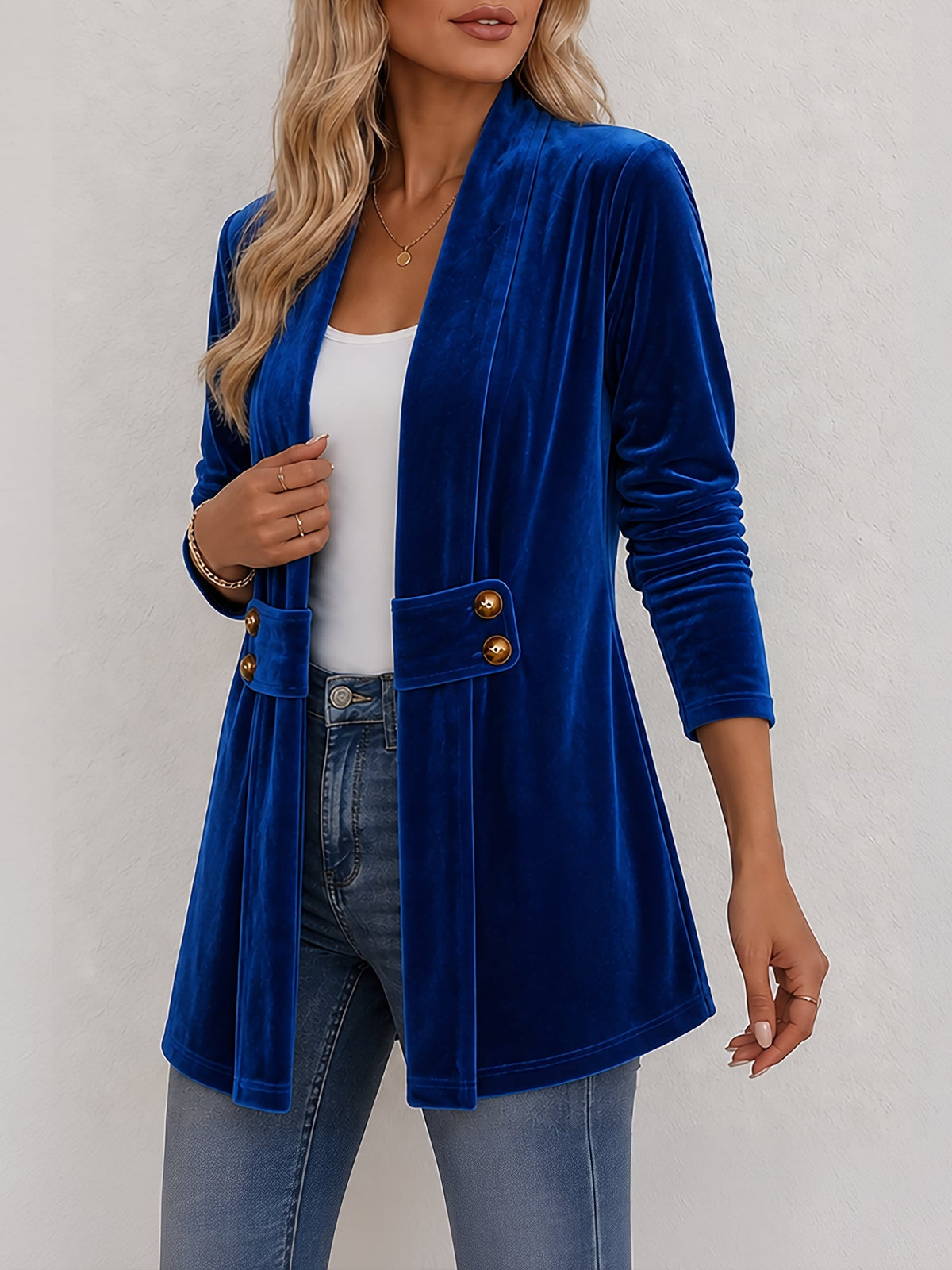 Gilet femme | Gilet en maille ouvert à revers larges et boutons décoratifs