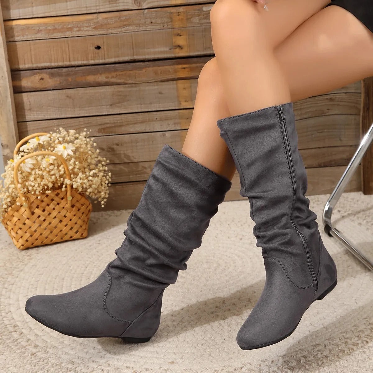 Andrée | Bottes Hautes Élégantes pour Femme avec Fermeture Éclair Latérale et Semelle Plate