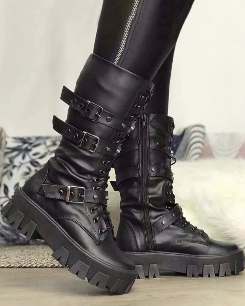 Guillemette | Bottes Militaires Femme Blanches à Boucles Ajustables et Semelle Robuste
