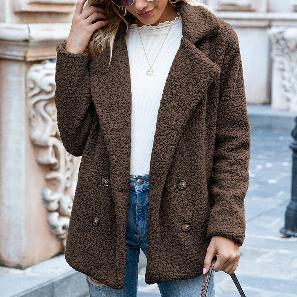 Salomé | Veste Teddy Femme Chaude à Double Boutonnage et Col Revers